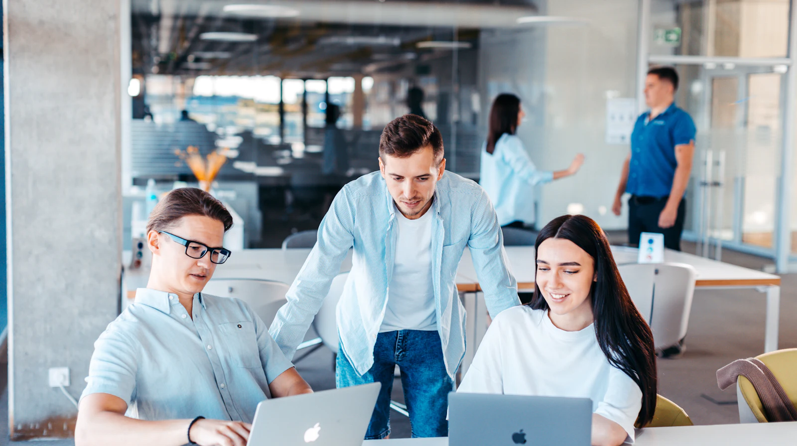 Small business team working together on laptops in a bright modern office